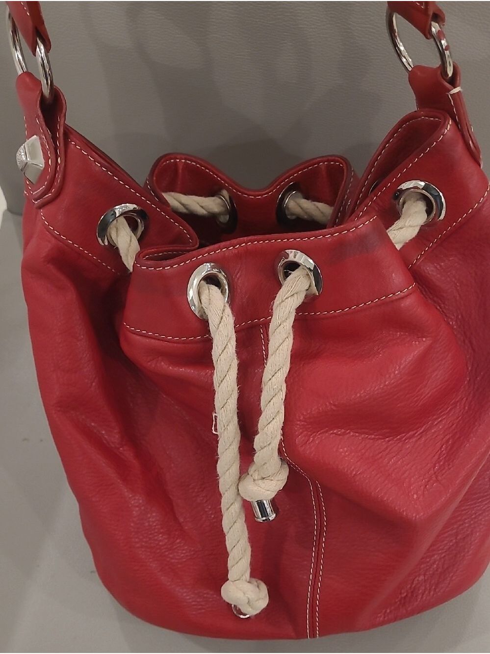 Tignanello Red Leather Drawstring Hobo with Rope Trim